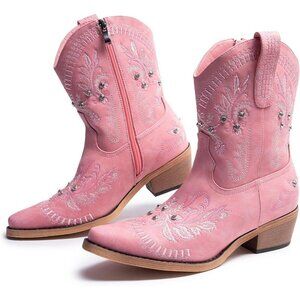 🆕Women Pink Cowgirl with Sparkly Embroidered Rhinestone Western Ankle Boot